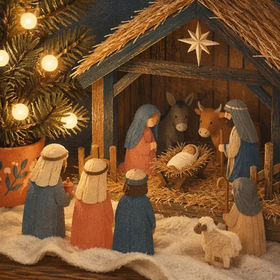 Warm Stable Nativity with Candlelit Bokeh