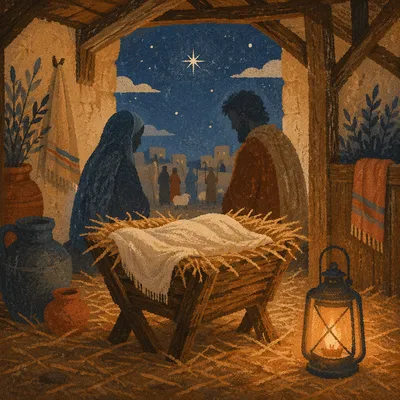 Warm Nativity Stable with Glowing Manger