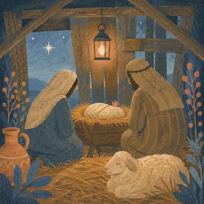 Warm Nativity Stable at Winter Dawn