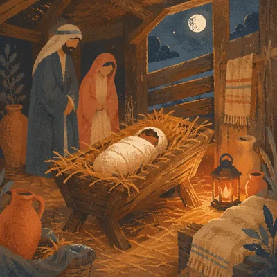 Warm Lantern Nativity in Rustic Stable