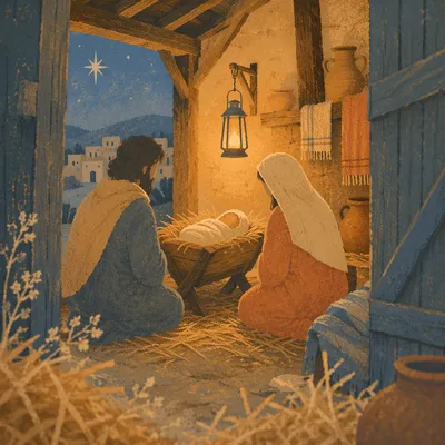 Warm Stable Nativity at Winter Dusk