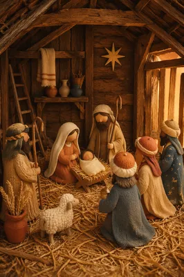 Warm Folk Nativity in Rustic Stable