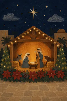 Warm Nativity Stable Under Christmas Lights