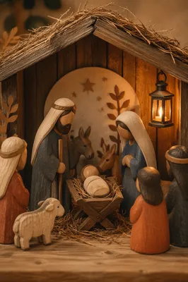Warm Wooden Nativity in Rustic Stable