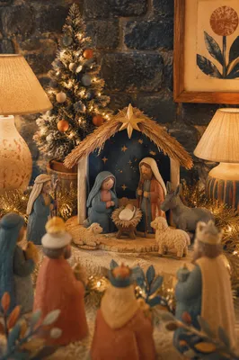 Warm Miniature Nativity Stable with Fairy Lights