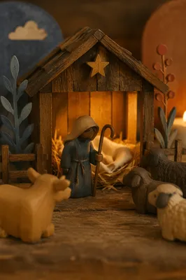 Warm Miniature Nativity Stable with Shepherd