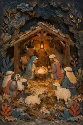 Warm Stable Nativity Diorama with Lantern Light