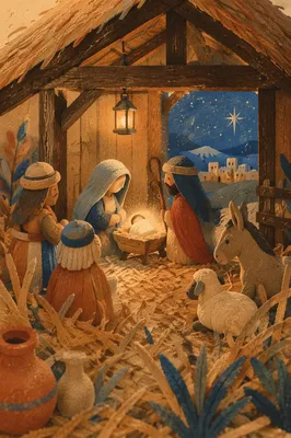 Warm Nativity Scene in Rustic Stable