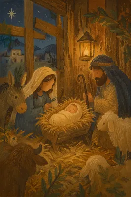 Warm Nativity Scene in Rustic Stable