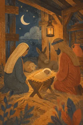 Warm Lantern Nativity in Rustic Stable