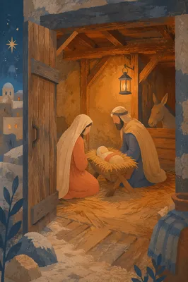 Warm Stable Nativity at Winter Dusk