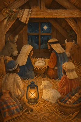 Warm Nativity Scene in Rustic Stable