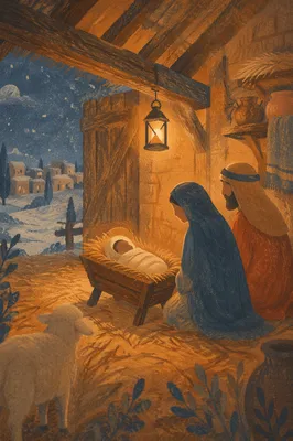 Warm Stable Nativity at Winter Twilight