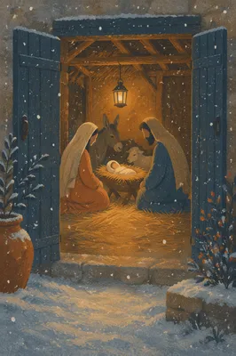 Warm Lantern Nativity in Snowy Stable