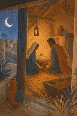 Warm Stable Nativity by Lantern Light