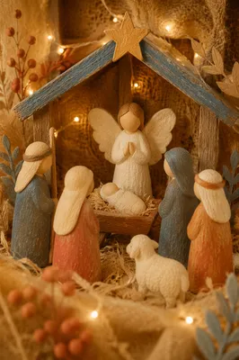Warm Stable Nativity with Golden Christmas Lights