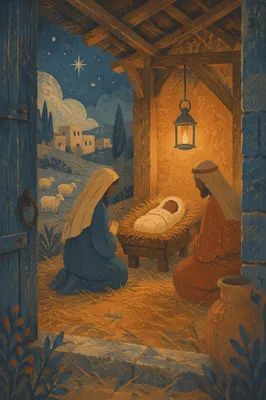 Warm Twilight Nativity Stable with Manger