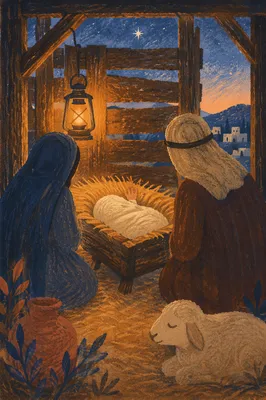 Warm Stable Nativity at Winter Dawn