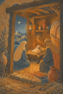 Warm Stable Nativity at Winter Dusk