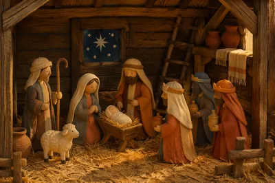 Warm Stable Nativity with Handcrafted Figurines