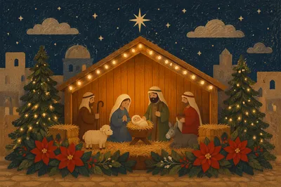 Warm Nativity Stable Under Night Lights