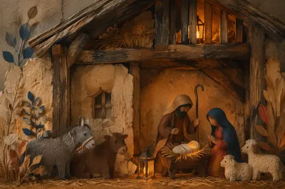 Warm Lantern Nativity Stable Diorama