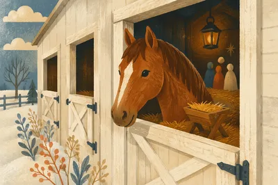 Warm Nativity Stable with Chestnut Horse