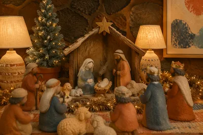 Warm Miniature Nativity Stable with Fairy Lights