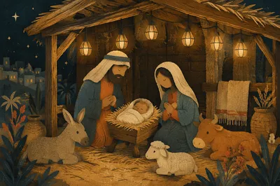 Warm Stable Nativity Under Amber Lights