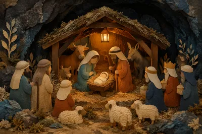 Warm Stable Nativity Diorama at Night