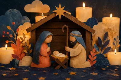 Warm Candlelit Nativity in Rustic Stable