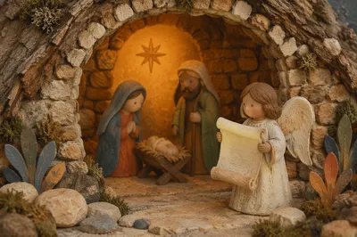 Warm Nativity Stable with Angel Scroll