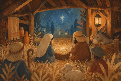 Warm Nativity Scene in Rustic Stable