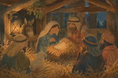 Warm Lantern Nativity in Rustic Stable