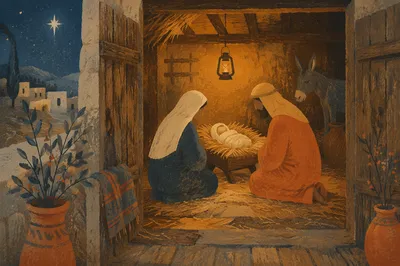 Warm Stable Nativity at Winter Dusk