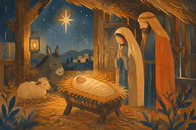 Warm Lantern Nativity in Rustic Stable