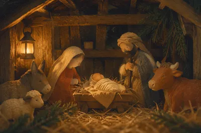 Warm Lantern Nativity in Rustic Stable