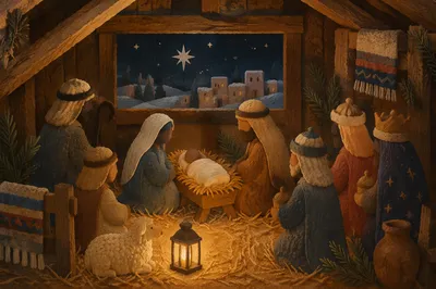 Warm Nativity Scene in Rustic Stable