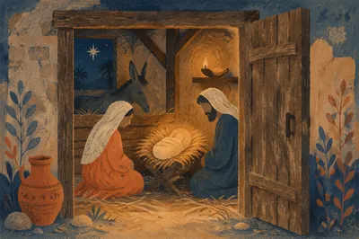 Warm Nativity Stable at Blue Hour