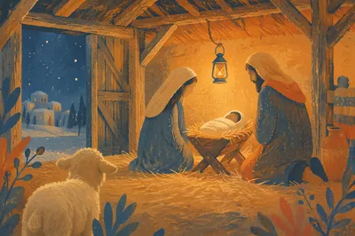 Warm Lantern Nativity in Rustic Stable