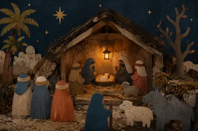 Warm Lantern Nativity Stable at Night