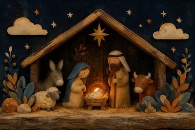 Warm Nativity Stable with Handmade Figurines