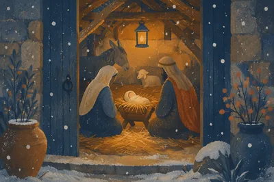 Warm Lantern Nativity in Snowy Stable