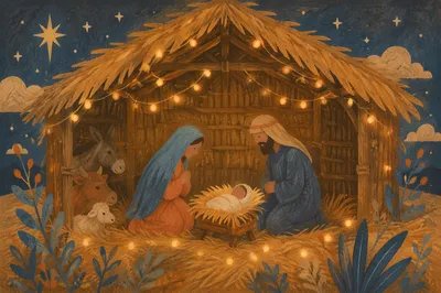 Warm Stable Nativity with Golden Lights