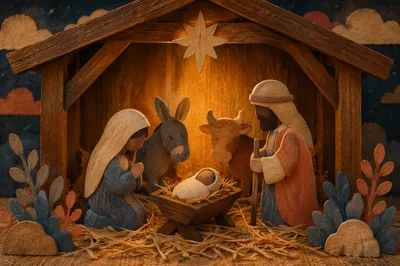 Warm Stable Nativity with Handcrafted Manger