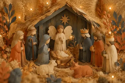 Warm Nativity Stable with Golden Lights