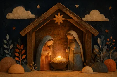 Warm Candlelit Handmade Nativity Stable