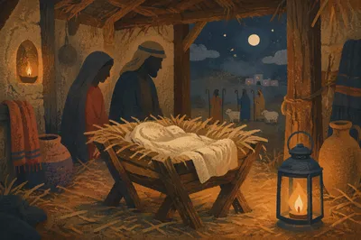 Warm Lantern Nativity in Humble Stable