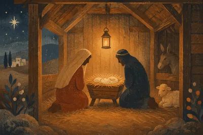 Warm Stable Nativity at Winter Twilight