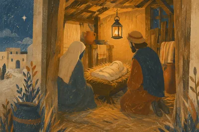 Nativity Stable in Warm Lantern Light